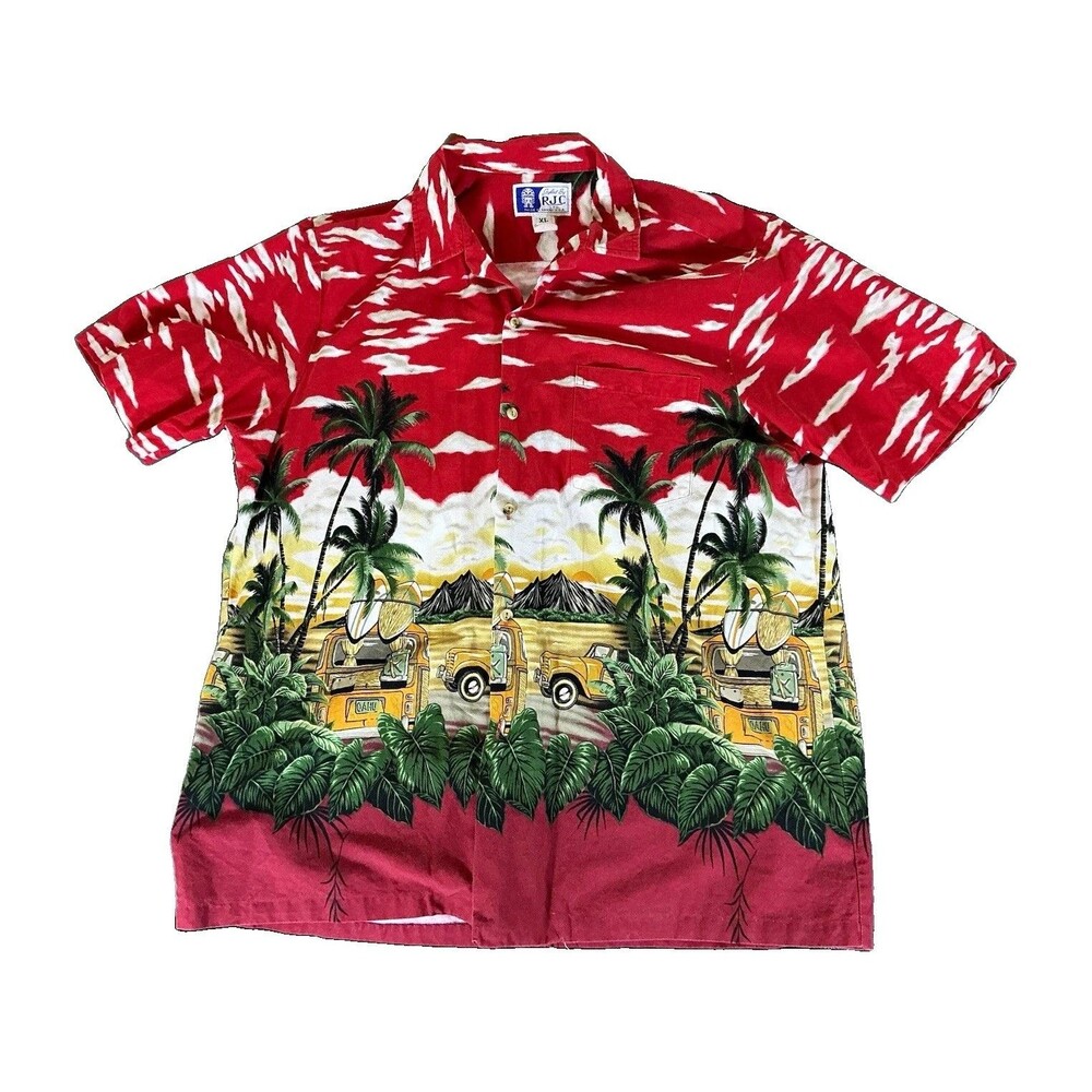 RJC XL Men’s Button Up Shirt Short Sleeve Tropical Hawaiian Graphic Red Pockets